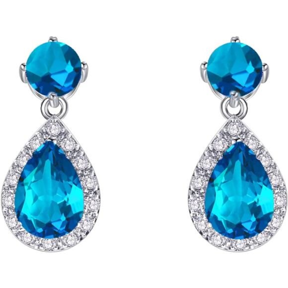 Drop Dangle Earrings - White Gold Plated Gemstone Teardrop Crystal Hypoallergeni - Picture 1 of 8